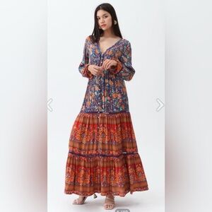 Elegant Floral Maxi Dress in Blue and Orange